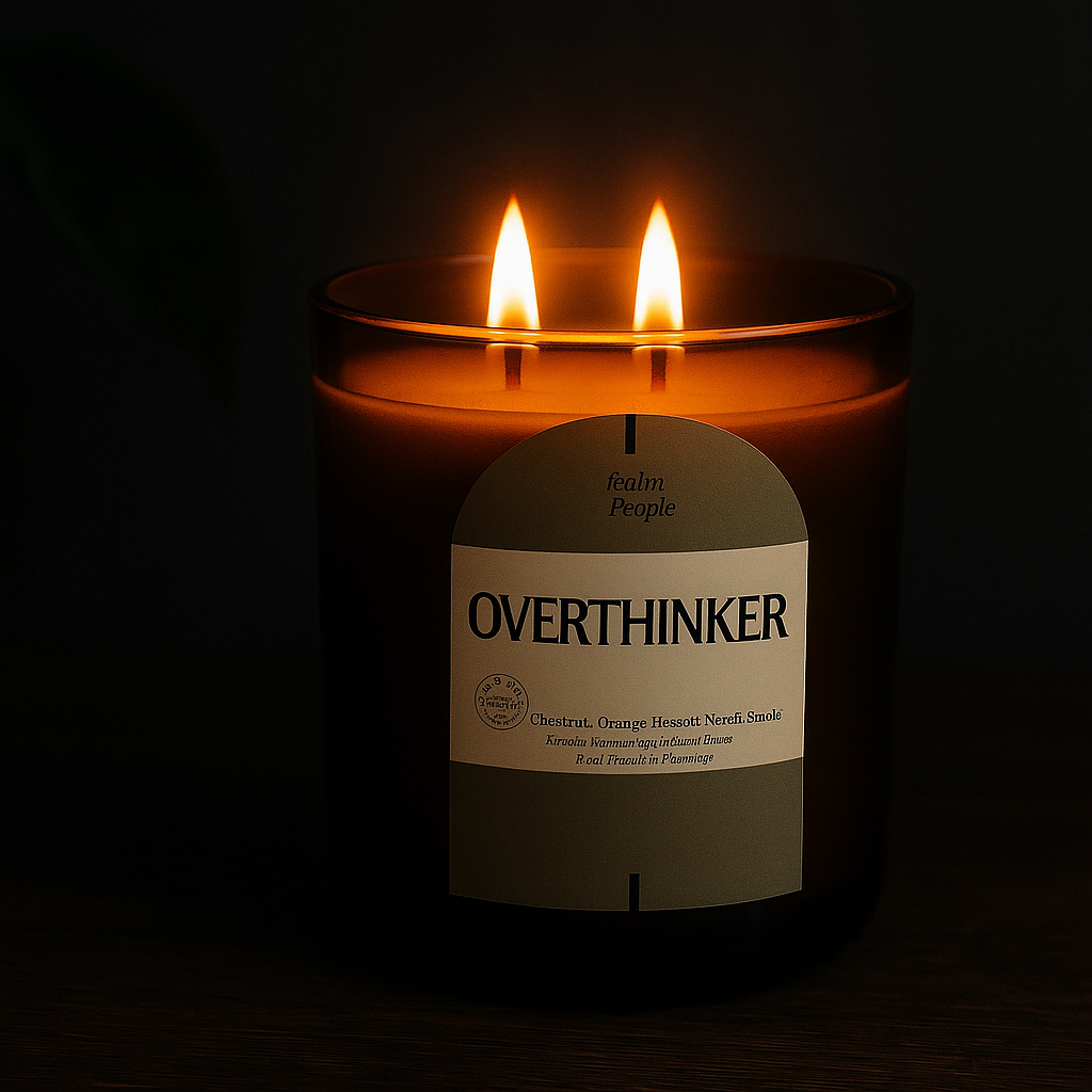 Candle labeled 'Overthinker' with a dark background